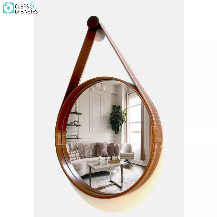 ESPELHO REDONDO DECORATIVO COM MOLDURA ALÇA DE COURO 60CM CARAMELO