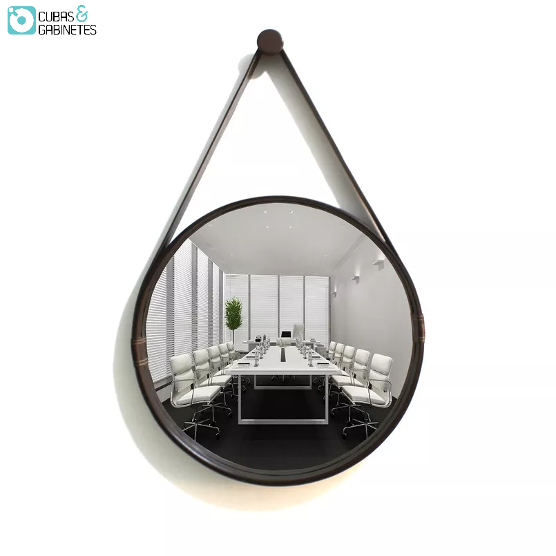 ESPELHO REDONDO DECORATIVO COM MOLDURA ALÇA DE COURO 60CM CAFÉ