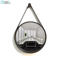 ESPELHO REDONDO DECORATIVO COM MOLDURA ALÇA DE COURO 60CM CAFÉ