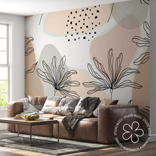 Papel de Parede Boho Floral Preto em Tons de Bege Para Sala e Quarto