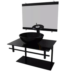 GABINETE DE VIDRO 60CM AP COM CUBA REDONDA MÁRMORE PRETO DOURADO