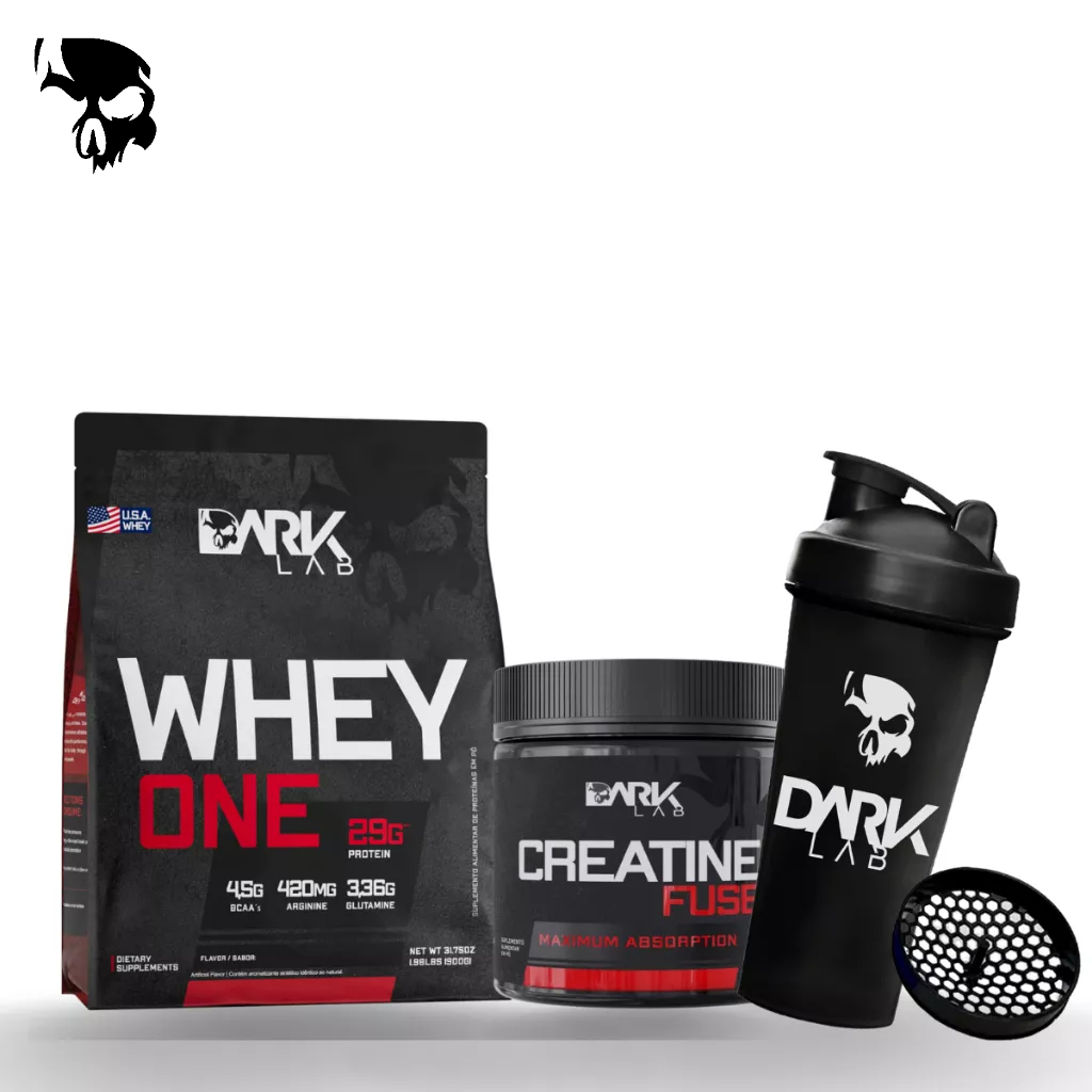 Whey Protein One Refil 900g + Creatina Monohidratada Fuse 150g + Coqueteleira Caveira Preta 700ml Dark Lab