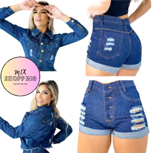 Kit  2 Jaqueta Jeans Rasgada Feminina Escura  sem Lycra e um Short Feminino Jeans Escura  sem lycra