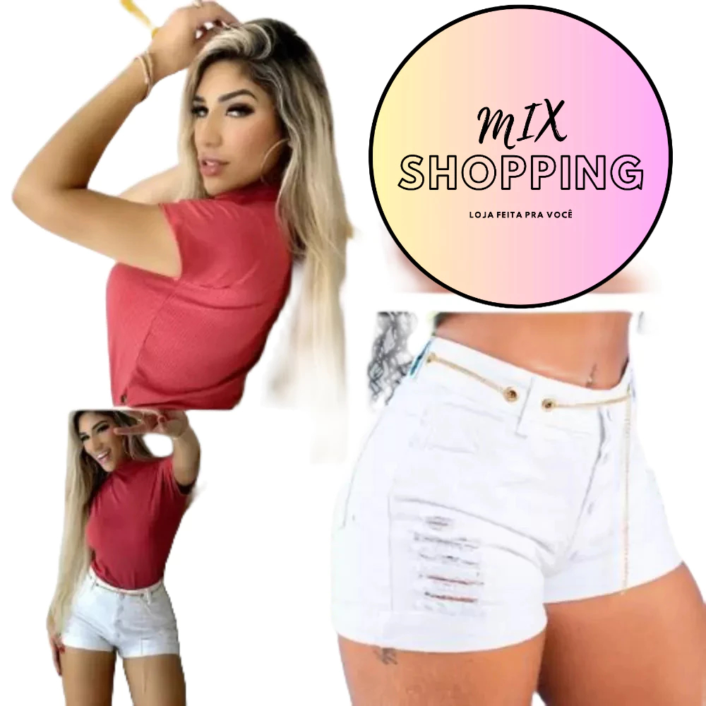 Kit 2 > Blusinha Vermelha Canelado com Lycra e Short Jeans Branco  com Lycra  C/ Cinto Corrente Ouro