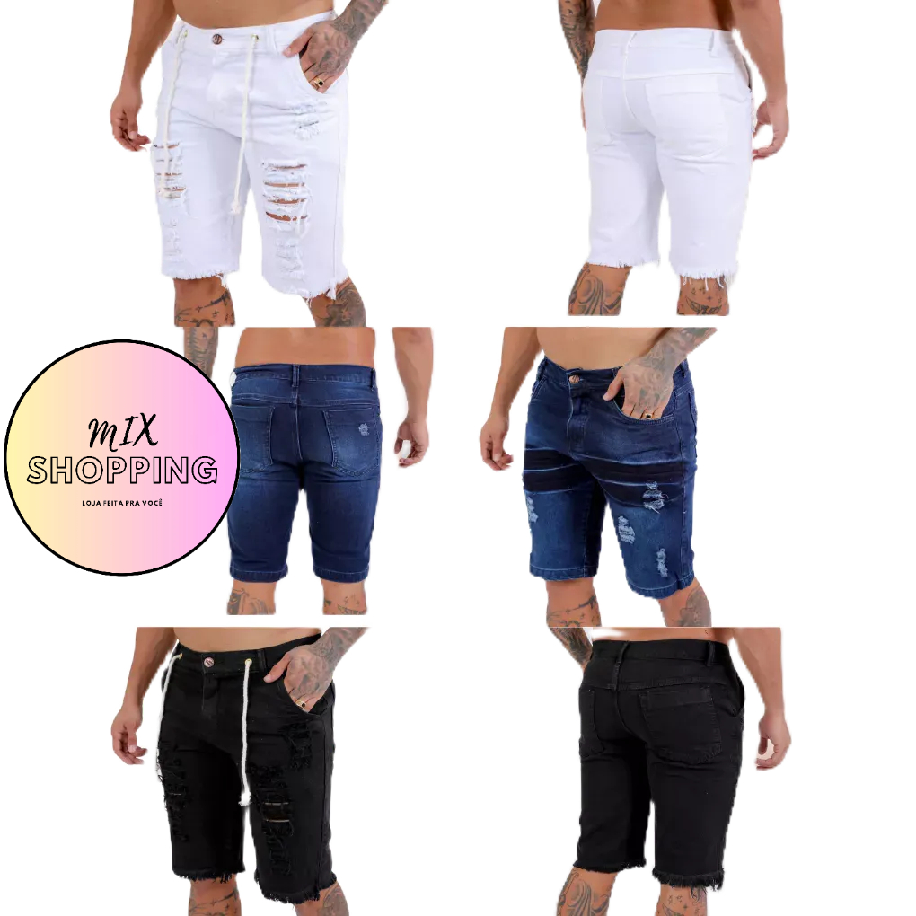 Kit 3 Bermudas Jeans masculina destroyed com rasgado