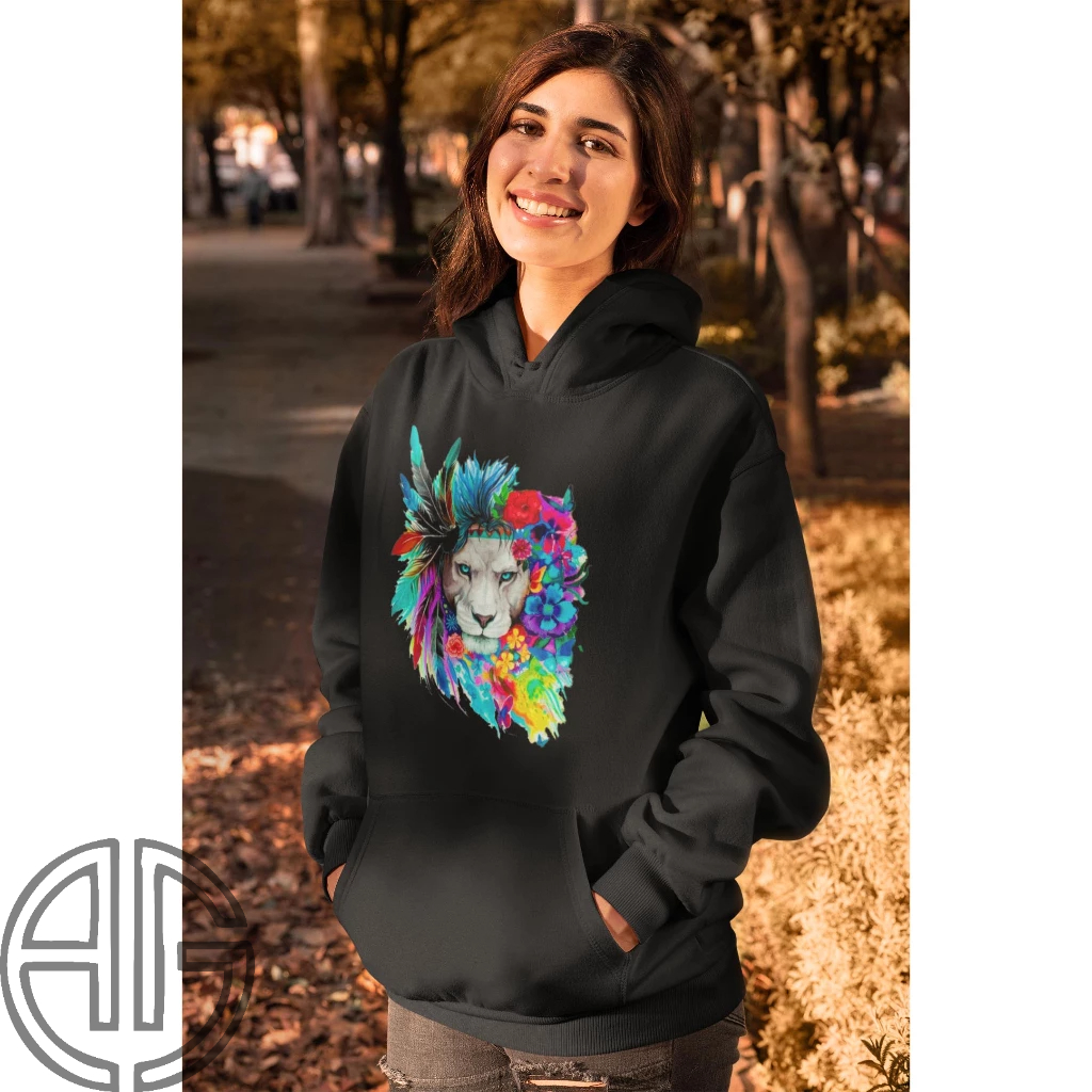 Blusa Moletom Canguru Leão Colorido Flores Penas.