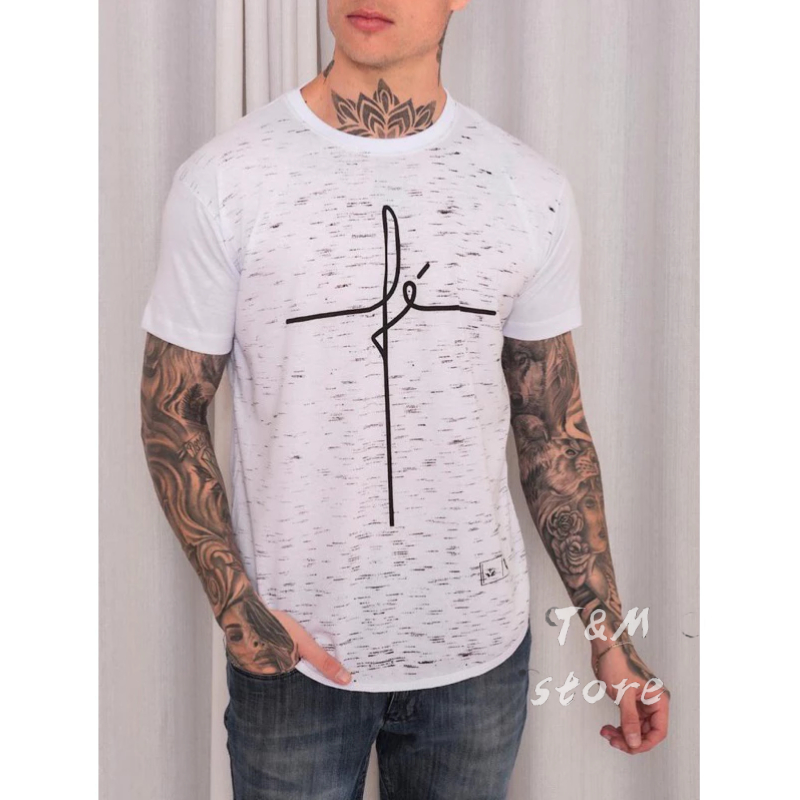 Camiseta long line ADULTO masculino manga curta estampada Fé