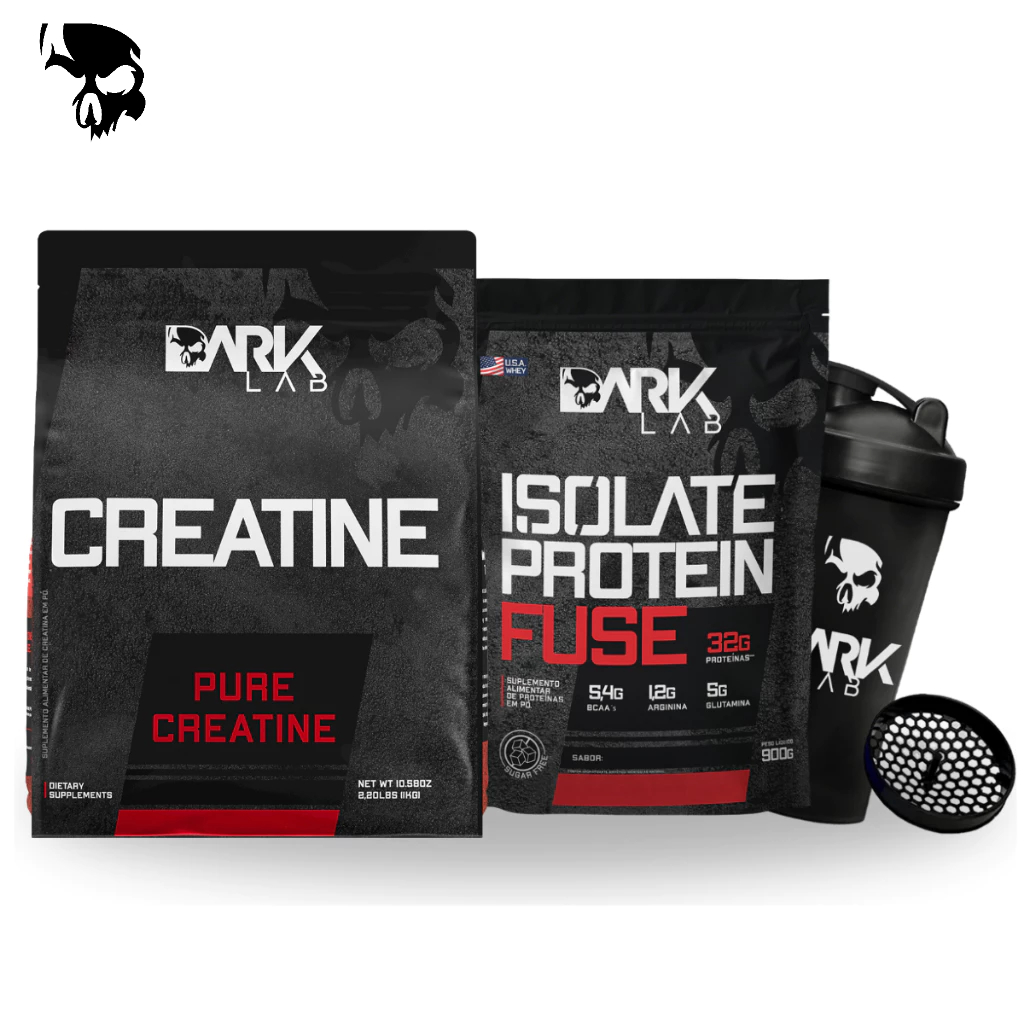 Creatina Monohidratada Pura Refil 1kg + Whey Isolate Protein Fuse 900g + Coqueteleira Caveira Preta 700ml Dark Lab