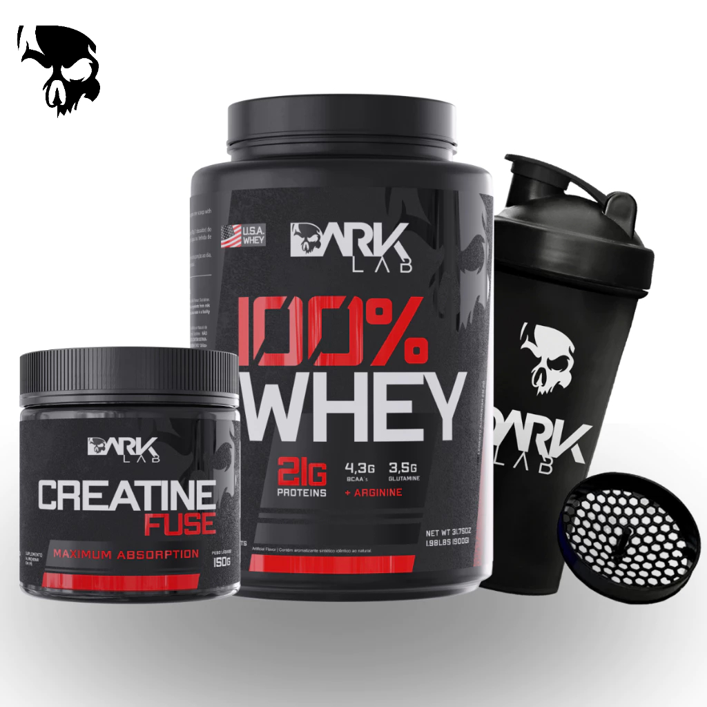 Kit 100% Whey Protein Concentrado Pote 900g + Creatina Monohidratada 150g Creatine Fuse + Coqueteleira 700ml - Dark Lab