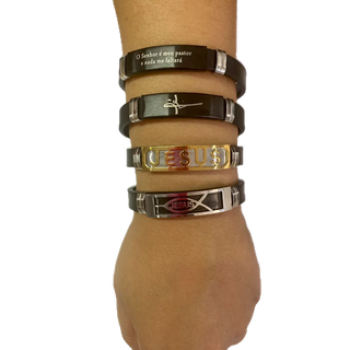 Kit 2 pulseira bracelete masculino e feminino religioso fé salmos jesus dourado e prata ajustavel