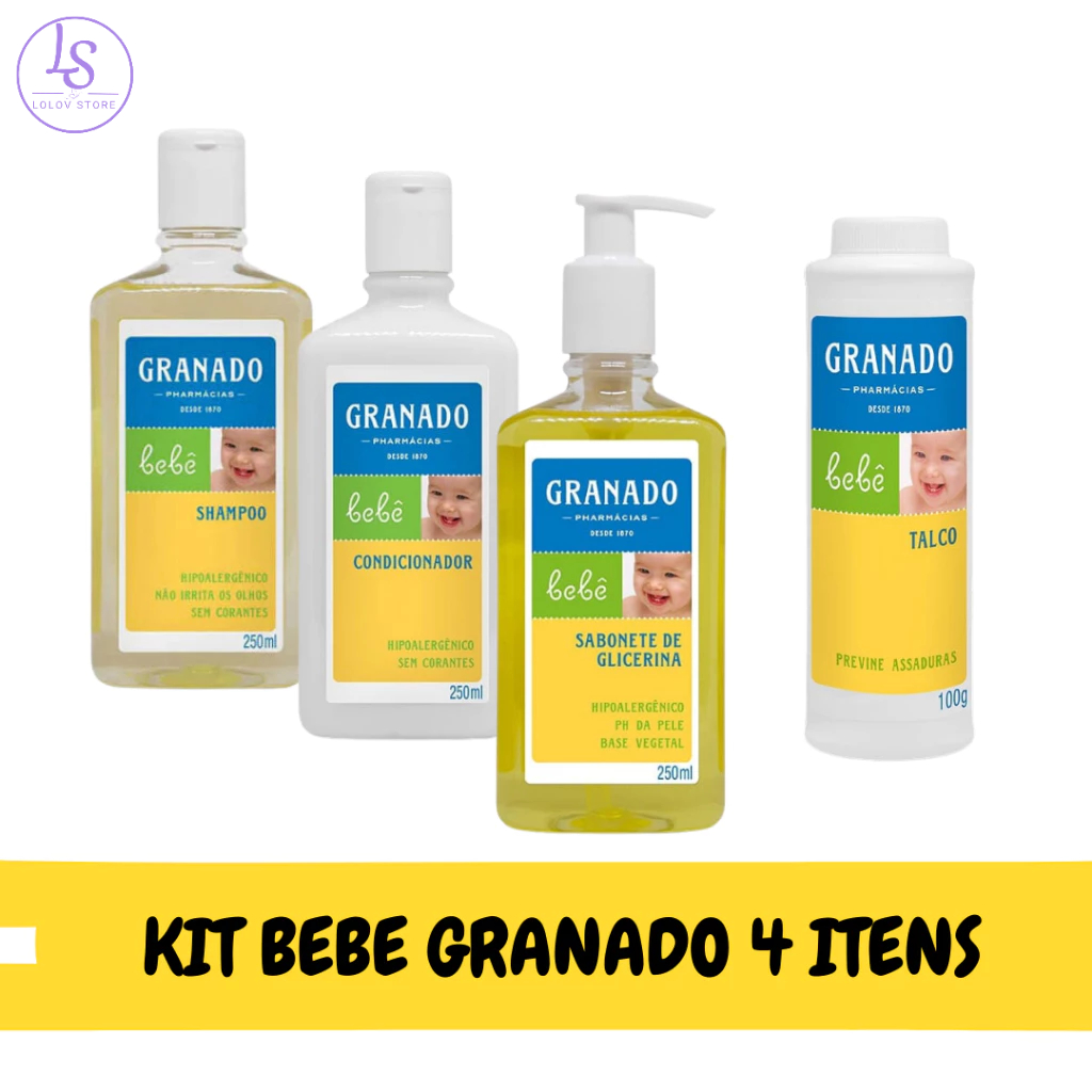 Kit higiene bebe Granado com 4 produtos - shampoo, condionador, sabonete liquido e talco