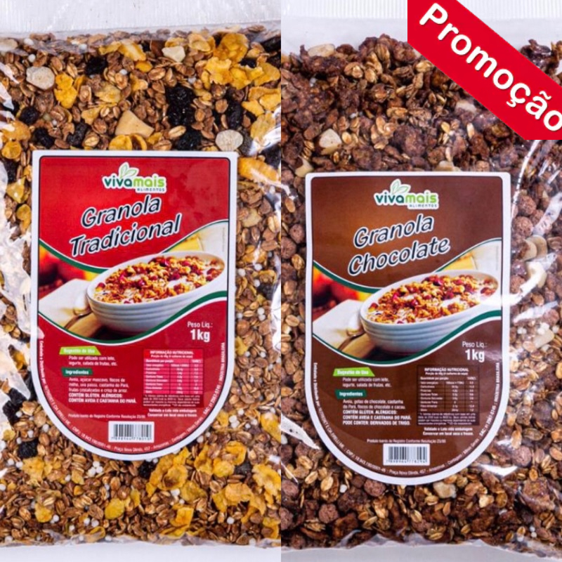 Kit 1 Granola tradicional 1kg + 1kg Granola de Chocolate 1kg