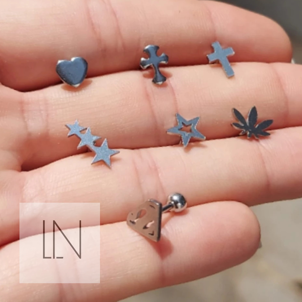 Piercing, orelha, trágus, aço cirúrgico, aço inox, antialérgico, moda, masculino, feminino, unissex canabis, erva, estrela, cruz, cruz gótico