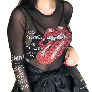 Body Bore Blusa Feminina Tule Manga Longa Estampa Boca Blogueiras