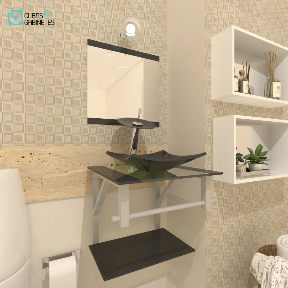 Detalhes do Gabinete de Vidro Para Banheiro 40cm Com Cuba Quadrada