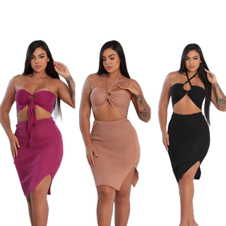 Conjunto Feminino Top e Saia Midi Cintura Alta Tubinho Tricot Verão Fenda Várias Amarrações 3 em 1
