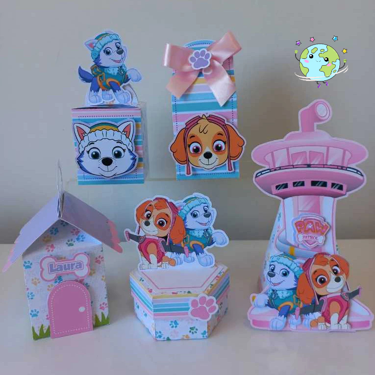 Kit Caixas Personalizadas Patrulha Canina Menina Rosa Skye e Everest - Caixas e Lembrancinhas para Aniversário Infantil