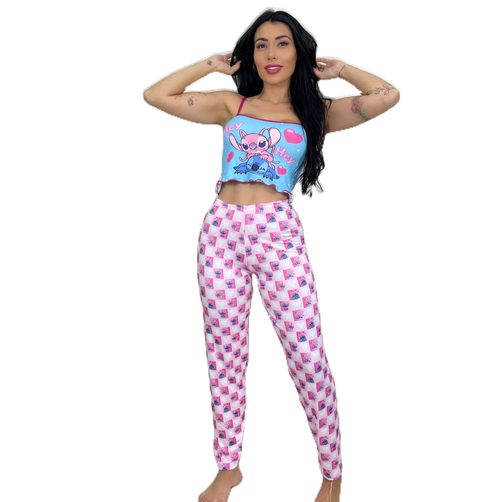 Pijama Feminino Estampado Cropped e Calça Temático Confortável e Estiloso Para Dormir ou Presentear em Oferta na Shopee