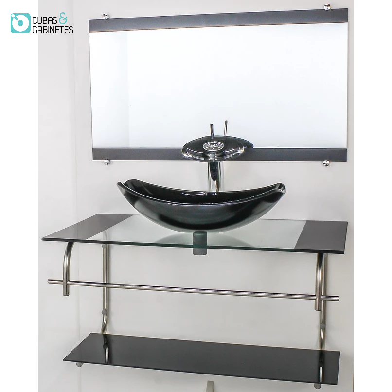 GABINETE DE VIDRO PARA BANHEIRO INOX 80CM CUBA OVAL CHANFRADA PRETO