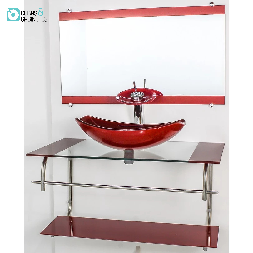 GABINETE DE VIDRO PARA BANHEIRO INOX 80CM CUBA OVAL CHANFRADA VERMELHO CEREJA