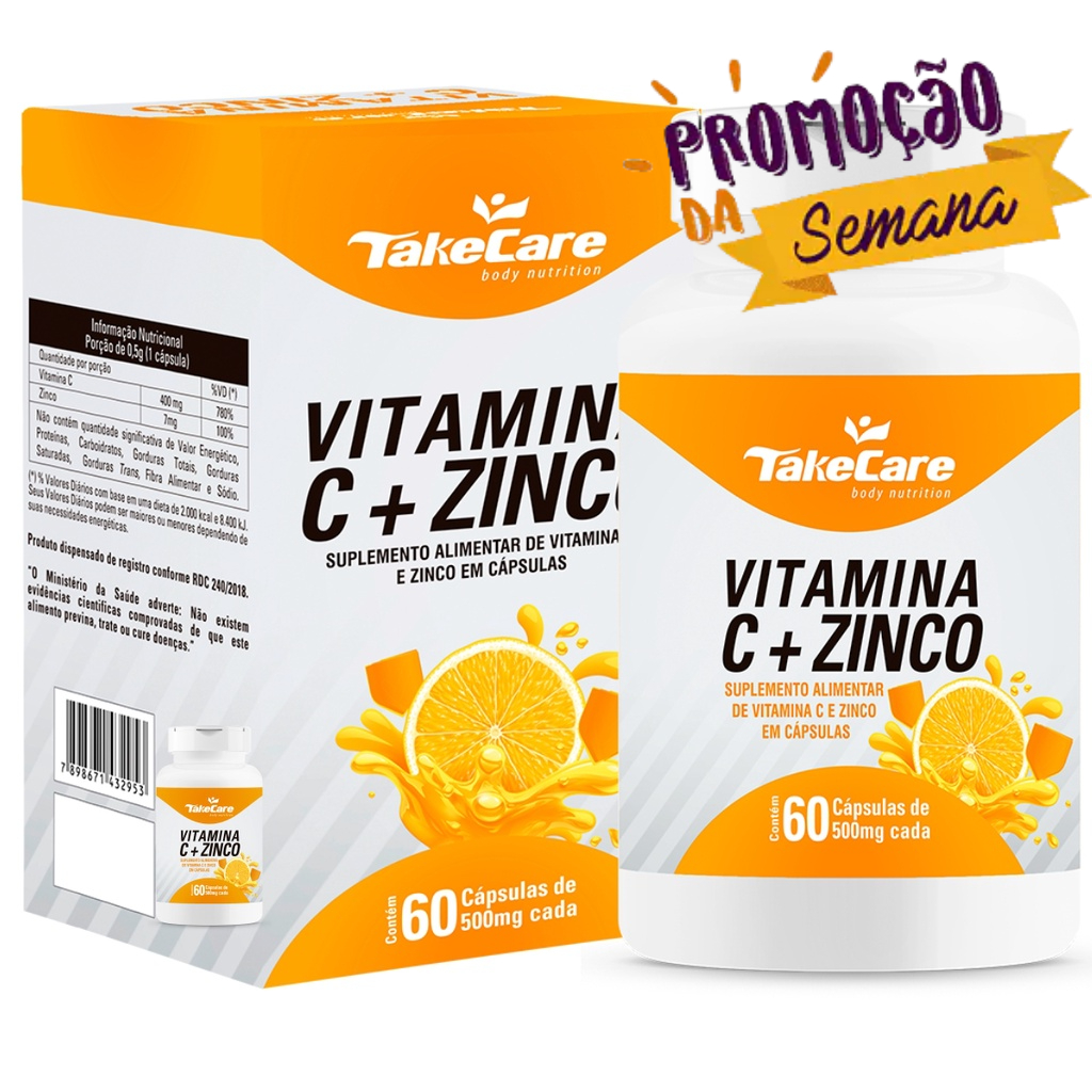 VITAMINA C + ZINCO FÓRMULA ANTIOXIDANTE CONCENTRADA PARA IMUNIDADE 60 CÁPSULAS - TAKE CARE