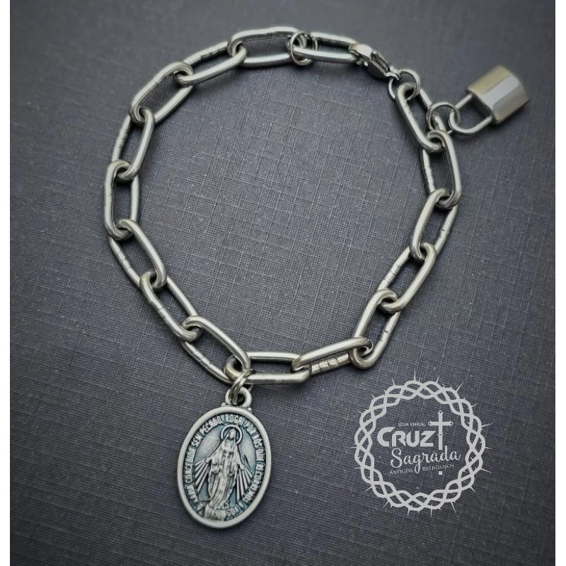 Cadeia de Consagração em Aço Inox 100% dos elos Soldados, acompanha um Medalha de Nossa Senhora e pingente de cadeado