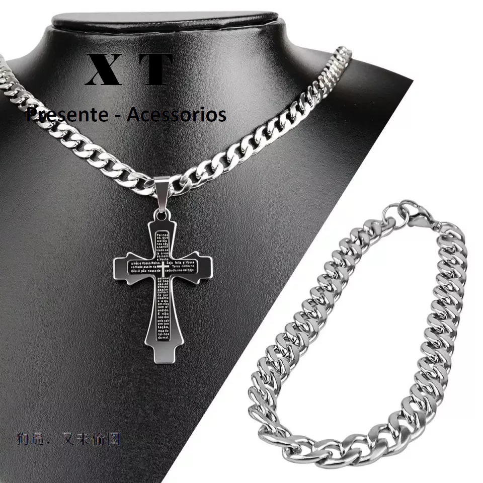 Kit Corrente e Pulseira cordao masculino Cruz prata aço inox pingente Crucifixo pai nosso em Oferta na Shopee