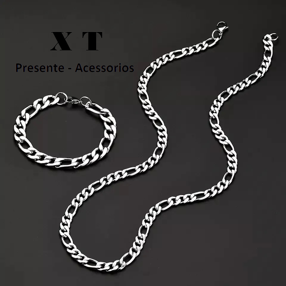 Cojunto Corrente mais pulseira cordão Masculino 60cm Aço Inox 316L Prateado em Oferta na Shopee