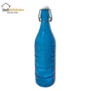 Garrafa De Vidro Azul Trava Tampa Água Solarizada 1 Litro