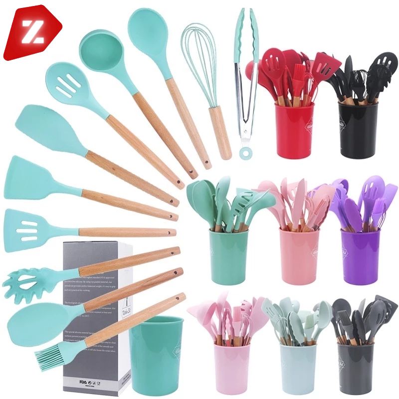 KIT de Utensílios Para Cozinha em Silicone e plástico e Bambu 12 Peças