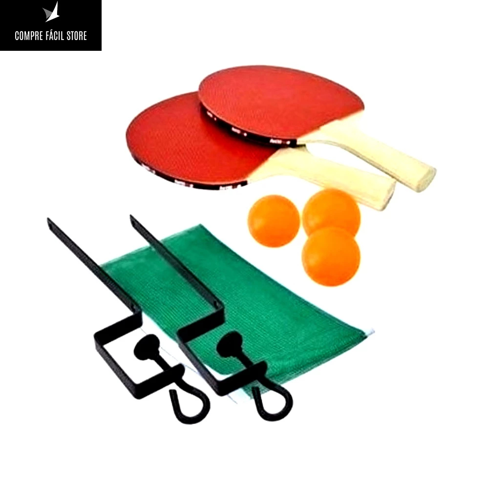 KIT Ping Pong Tênis de Mesa C/ 2 Raquetes Anatômicas, 3 Bolas, 1 Rede e 2 Suportes