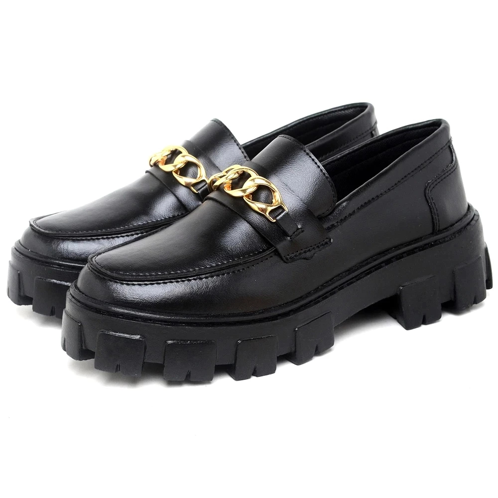 Sapato Mocassim Dubuy Oxford Feminino Preto Detalhe Corrente Tratorada Still 1413FG