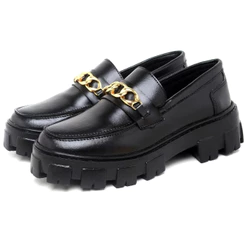 Sapato Feminino Mocassim Dubuy Oxford Preto Detalhes Corrente Dourado Still 1413FG