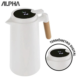 Garrafa Térmica Termometro Digital 1L Café Chá Nórdica Com Cabo Madeira