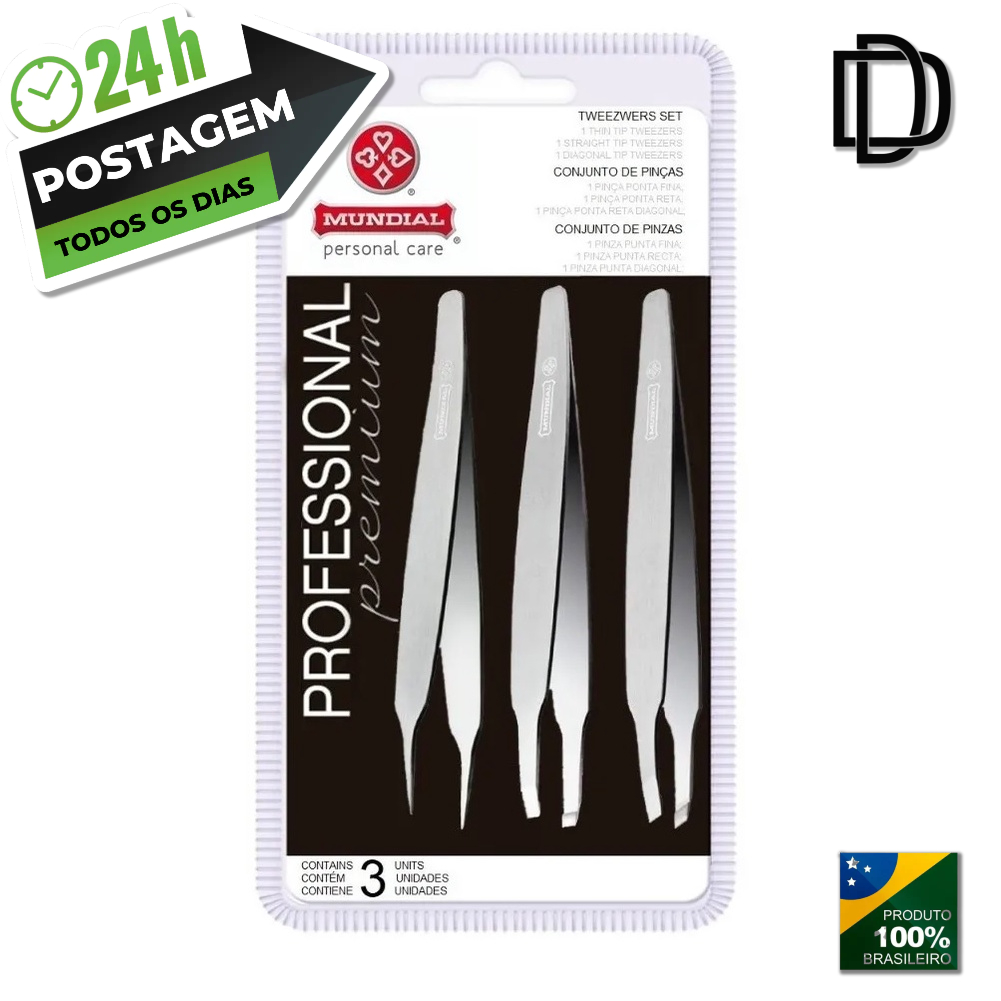Mundial Kit c/3un de Pinças Mundial Profissional Mundial Bc394 Designer Sobrancelhas Aço Inoxidavel