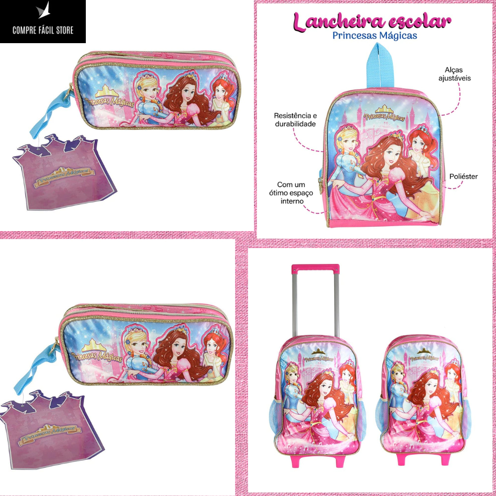 Kit Mochila Escolar Menina Com Rodinhas Princesa  Lancheira Escolar Princesa Estojo
