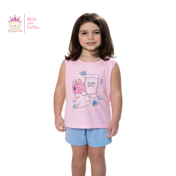 Pijama Infantil Menina Regata Estampa Celular de Unicórnio e Short