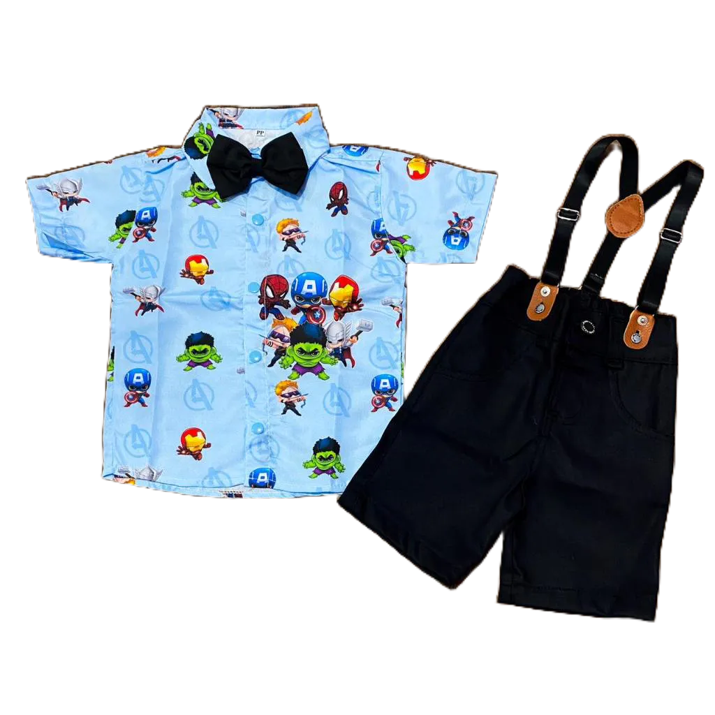 CONJUNTO VINGADORES B TEMATICO COM GRAVATA E SUSPENSORIO COMPLETO DESENHO INFANTIL MENINO CRIANCA