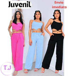 Roupa Juvenil para meninas de 10/12/14/16 anos conjunto com Top e Pantalona de amarração ajustável tendência 2024 Moda Gringa primavera verão Tecido Duna Leve e Solto não Transparente
