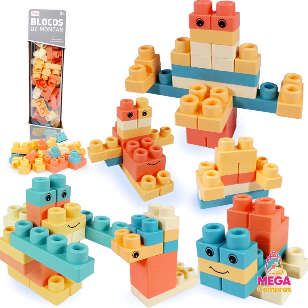 Blocos de Montar Soft Educativo MC929 Mega Compras Infantil 50 Peças Atóxicas Coloridas Estimula Coordenação Motora Brin - Mom & Baby
