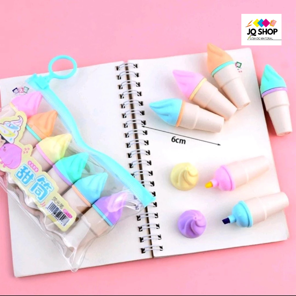 KIT 6 Mini Marca Texto Sorvete Casquinha Pastéis Caneta fofa Papelaria/Escritório/ Material Escola em Oferta na Shopee