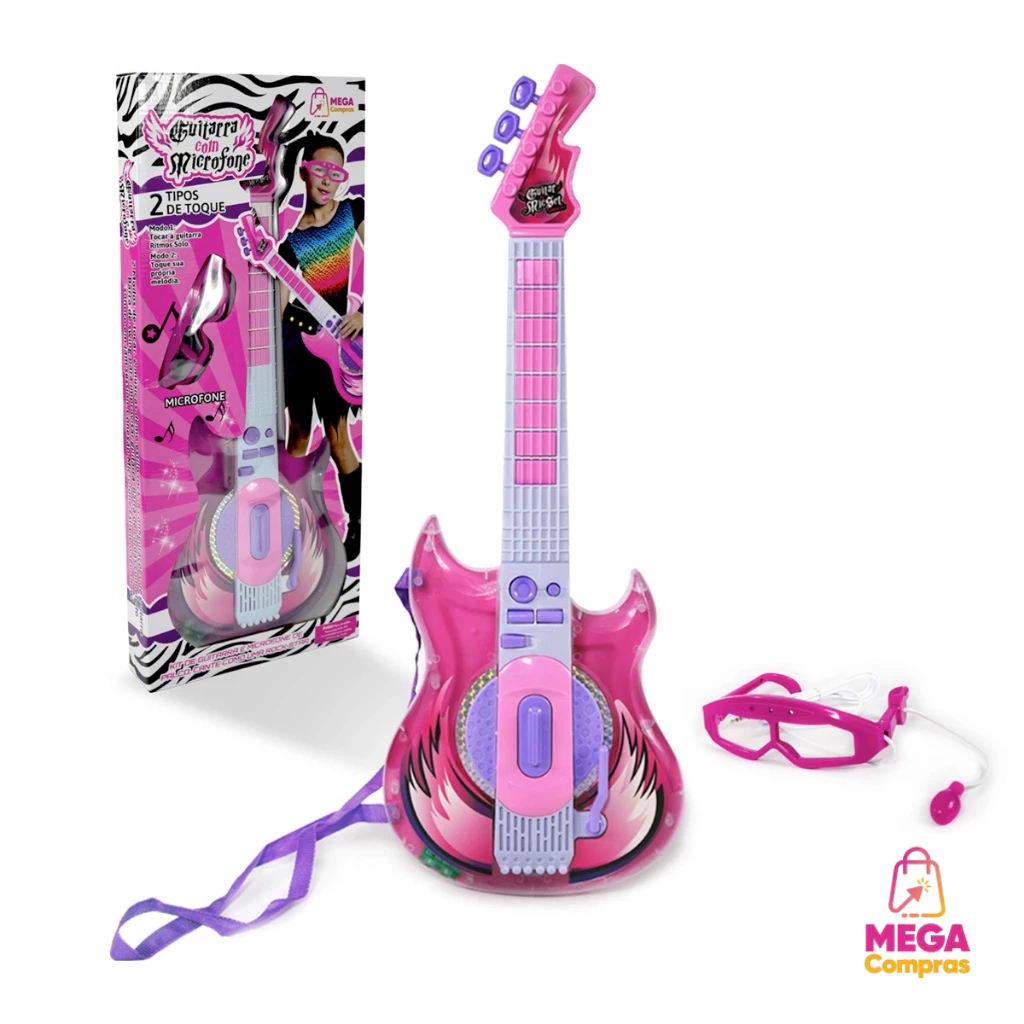 GUITARRA INFANTIL BRINQUEDO MUSICAL MICROFONE ÓCULOS CONECTA CELULAR E MP3 MEGA COMPRAS