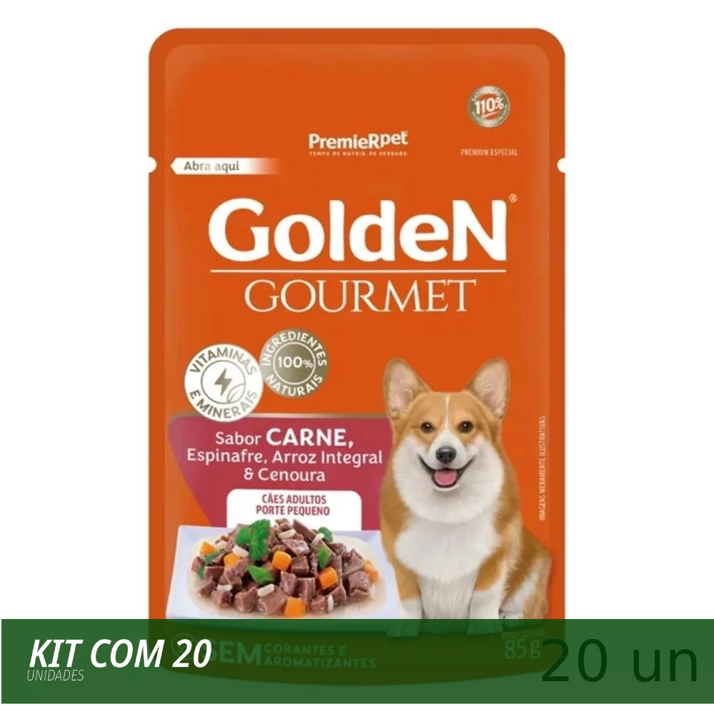 Kit 20 Golden Sachê Gourmet Cães Adultos Raças Pequenas Carne e Espinafre 85g