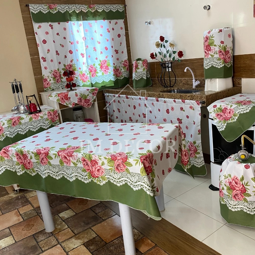 Kit De Cozinha com Cortina de Pia E Janela e Toalha de Mesa Completo em Tecido Oxford Estampas Diversas e Envio Rápido