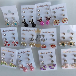 Brincos Bijuteria 15 PARES Kit 5 CARTELAS 3 Pares cada