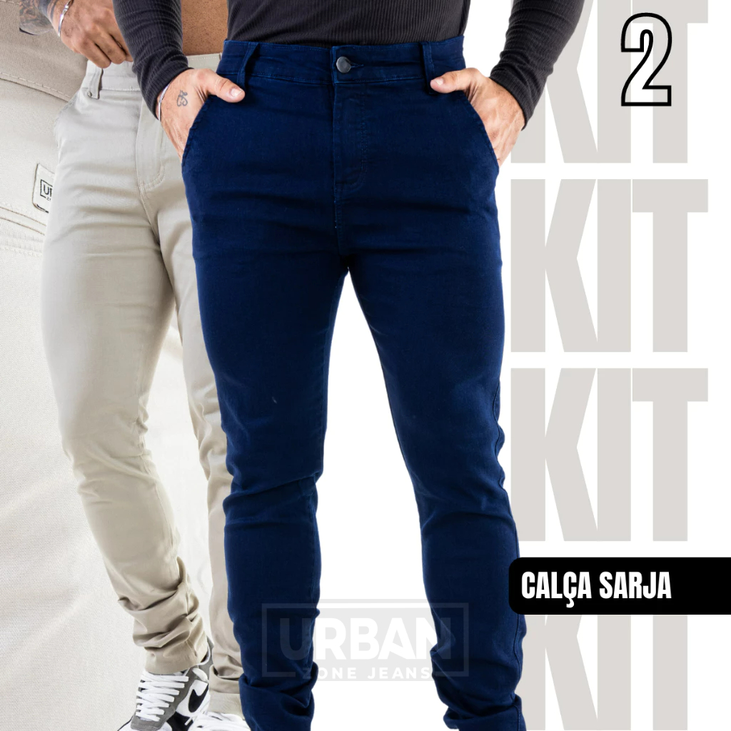 Kit 2 Calças Masculinas Social Sarja Modelo Esporte Fino Brim com Elastano - Men Clothes