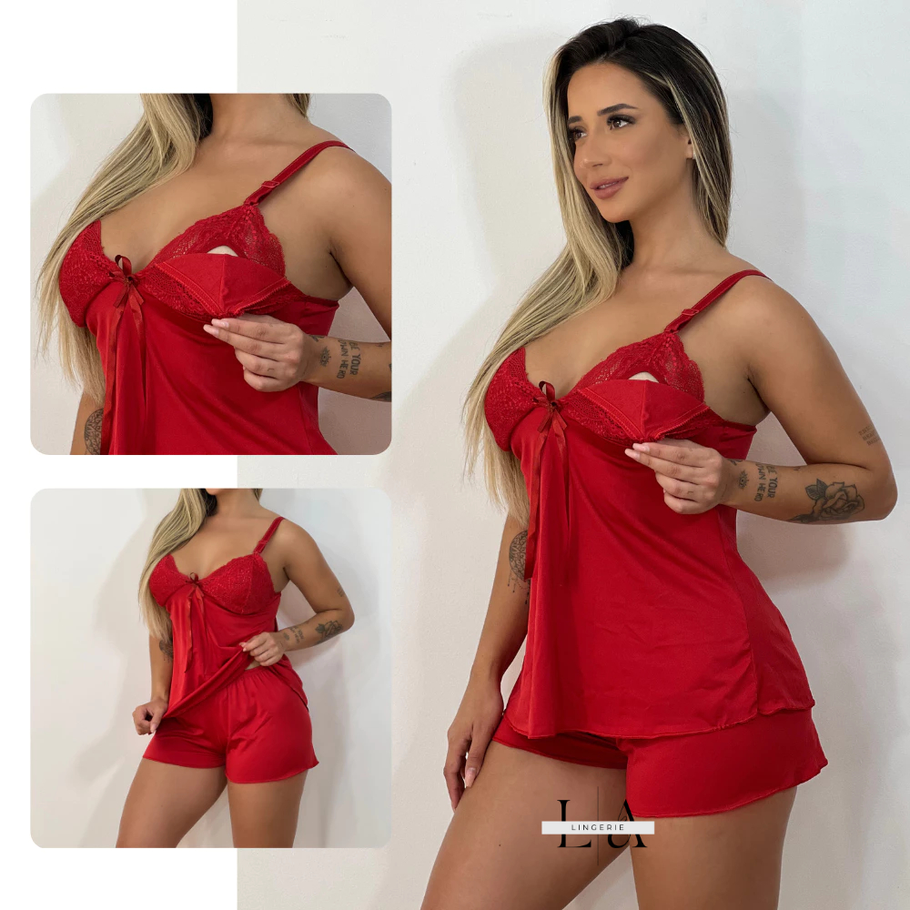 Pijama Amamentação Abre Fácil Renda e Alça Reforçada Pós Parto