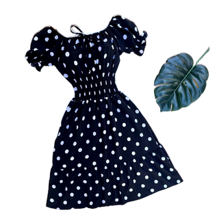 Vestido Curto Rebeca Lastex Manga Princesa Verão- Preto Poá