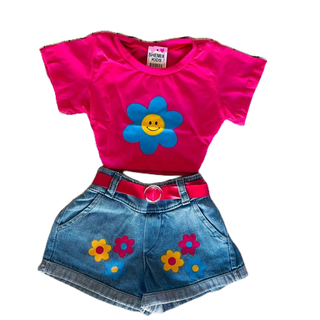 Conjunto infantil menina blogueirinha 3 peças short jeans, blusa e cinto