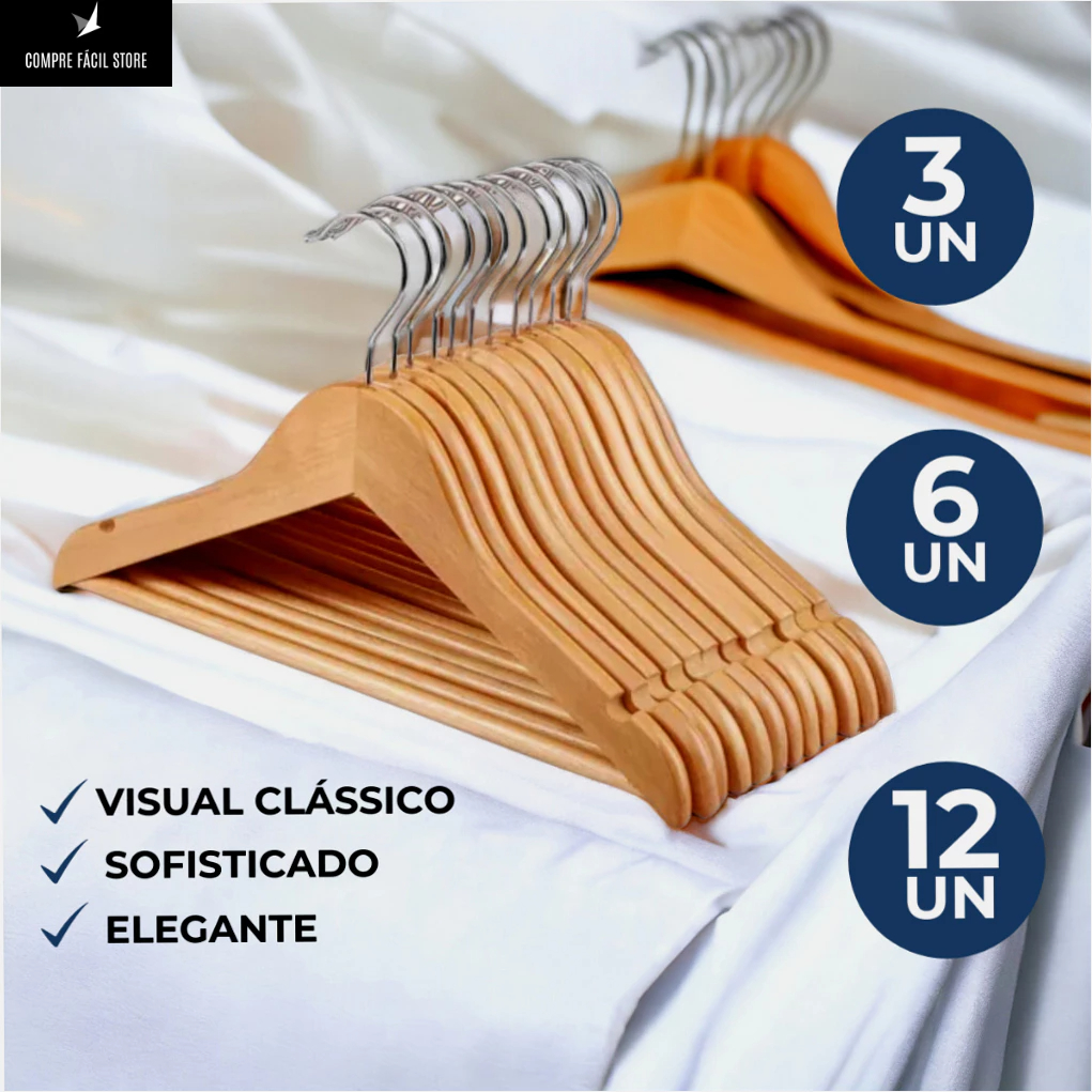 Kit Cabide de Madeira Marfim com Verniz 3, 6 E 12 Unidades Adulto Não Rasga a Roupa